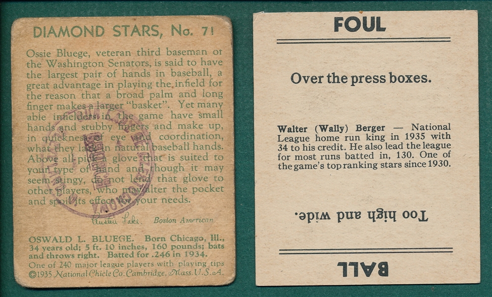 1934-36 DS #71 Bluege (Stamped Back) & 1936 Goudey Berger, (2) Card Lot