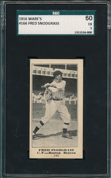 1916 Ware's #166 Fred Snodgrass SGC 60 *Only One Graded, Only One Ware's Graded Higher*