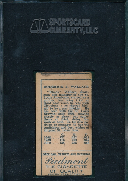 1911 T205 Wallace W/ Cap Piedmont Cigarettes SGC 20 *Miscut Back*