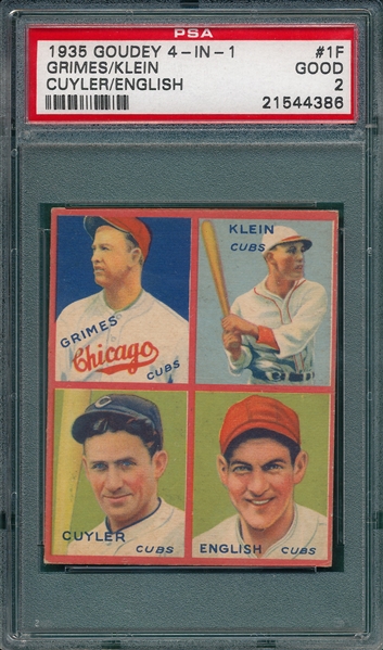 1935 Goudey 4 in 1 #1F Grimes/Klein/Cuyler & English PSA 2