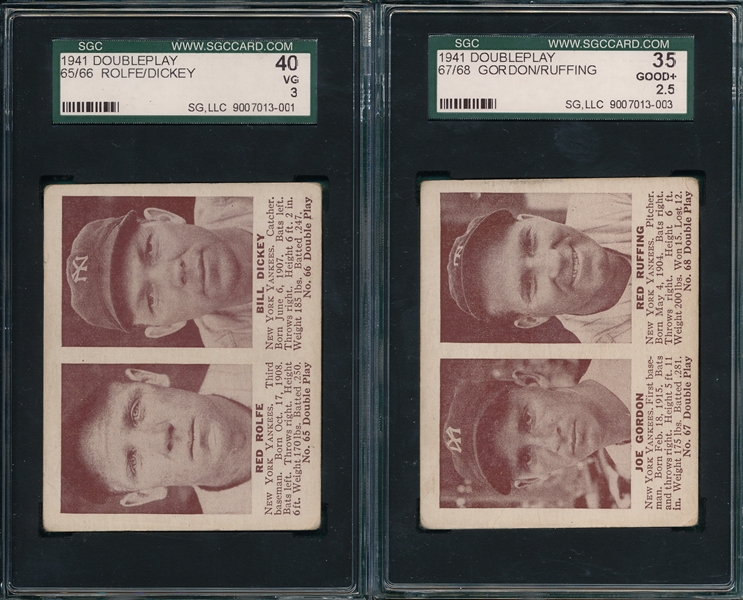 1941 Double Play #65/66 Rolfe/Dickey & #67/68 Gordon/Ruffing, (2) Card Lot SGC 