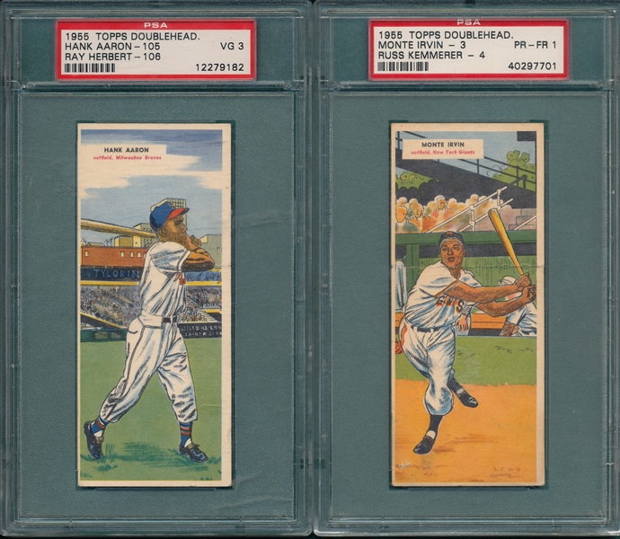 1955 Topps Double Header Irvin/Kemmerer & Aaron/Herbert (2) Card Lot PSA