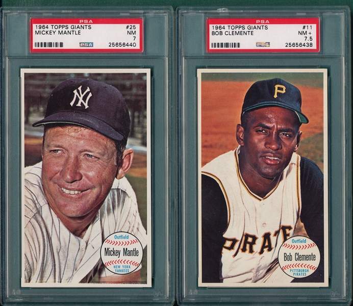 1964 Topps Giants #11 Clemente & #25 Mantle, (2) Card Lot PSA 