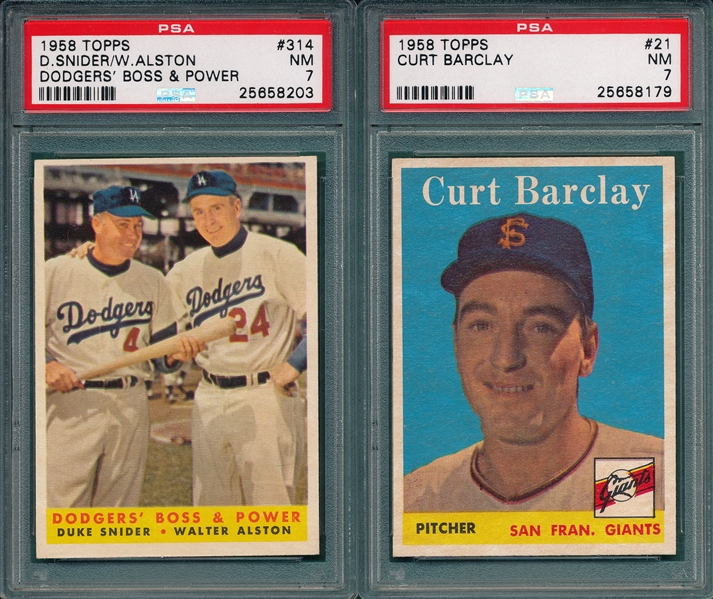 1958 Topps #21 Barclay & #314 Dodger Boss (2) Card Lot PSA 7
