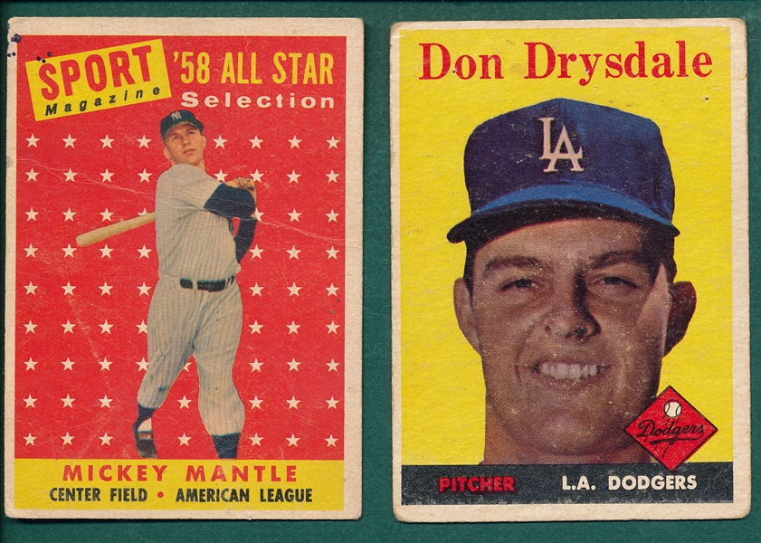 1958 Topps #25 Drysdale & #487 Mickey Mantle, AS, (2) Card Lot 