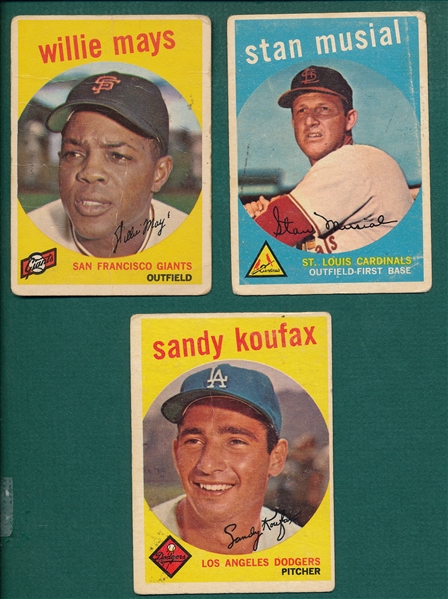 1959 Topps #50 Mays, #150 Musial & #163 Koufax, (3) Card Lot 