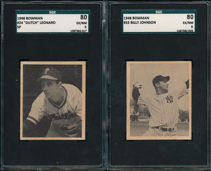1948 Bowman #33 Johnson & #24 Leonard, SP, (2) Card Lot SGC 80 