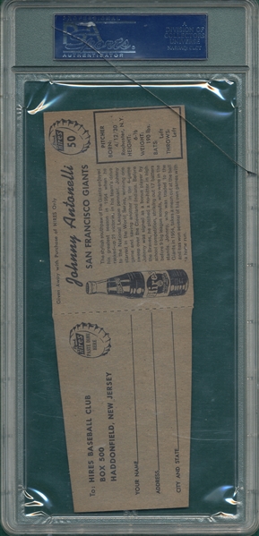 1958 Hires Root Beer #50 Johnny Antonelli With Tab PSA 8 MC