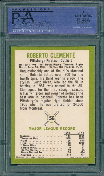 1963 Fleer #56 Roberto Clemente PSA 8