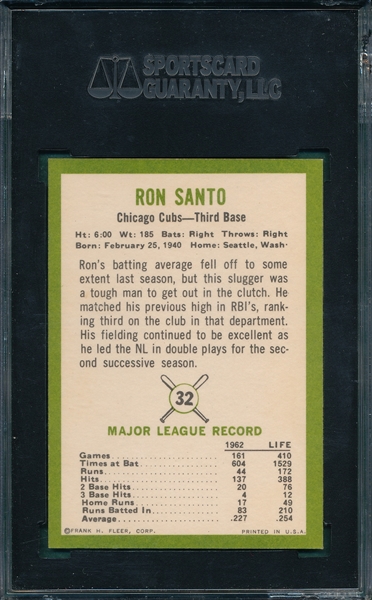 1963 Fleer #32 Ron Santo SGC 92