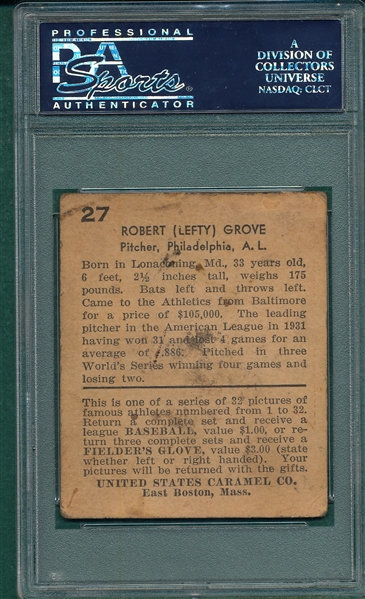1932 US Caramels #27 Lefty Grove PSA 2 MK