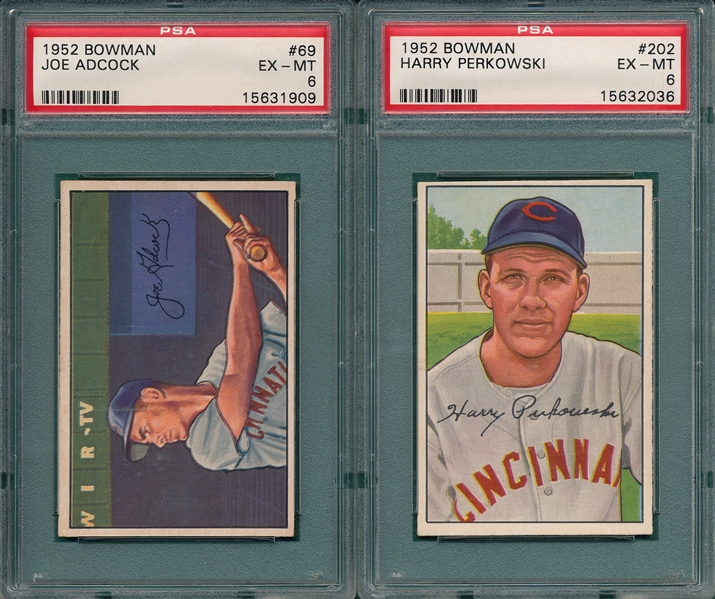 1952 Bowman #69 Adcock & #202 Perkowski, Lot of (2), PSA 6