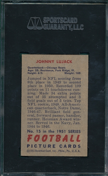 1951 Bowman FB #15 Johnny Lujack SGC 88