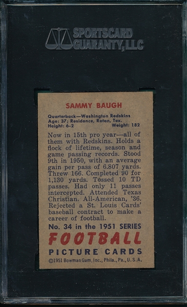 1951 Bowman FB #34 Sammy Baugh SGC 84