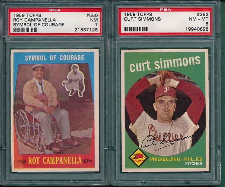 1959 Topps #382 Curt Simmons PSA 8 & #550 Campanella PSA 7 (2) Card Lot 