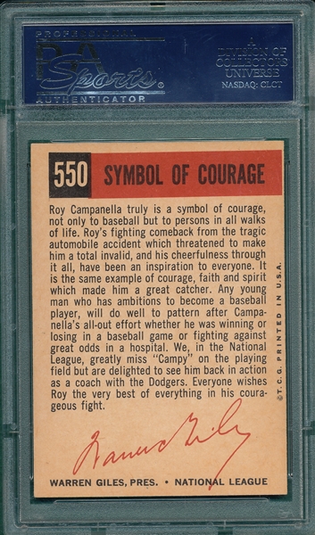 1959 Topps #382 Curt Simmons PSA 8 & #550 Campanella PSA 7 (2) Card Lot 