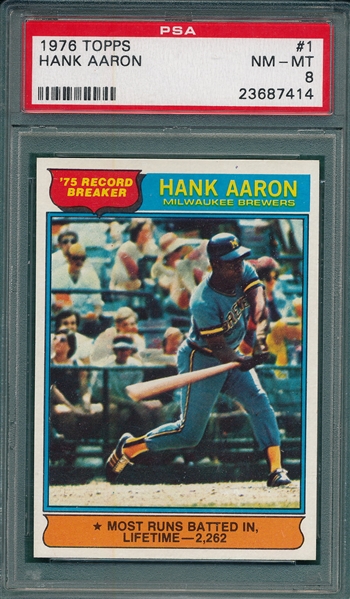 1976 Topps #1 Hank Aaron, Record Breaker PSA 8