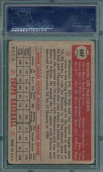 1952 Topps #407 Ed Mathews PSA 1 *Rookie*