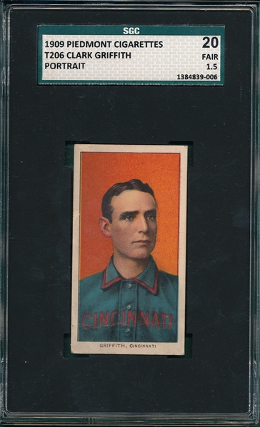 1909-1911 T206 Griffith, Portrait, Piedmont Cigarettes SGC 20 *Presents Much Better*