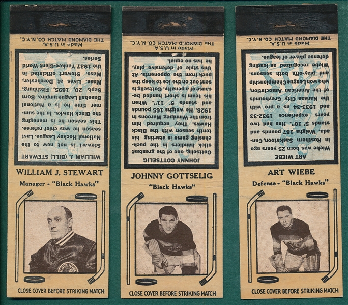 1936-38 Diamond Matchbooks HCKY Lot of (9) W/ Siebert