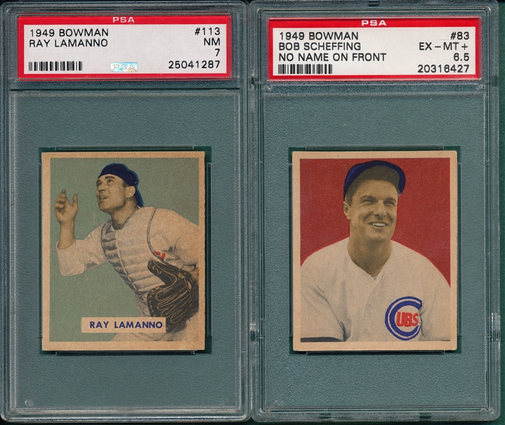 1949 Bowman #83 Scheffing PSA 6.5 & #113 Ray Lamanno PSA 7, (2) Card Lot