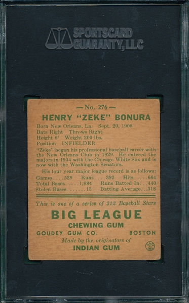 1938 Goudey Heads Up #276 Zeke Bonura SGC 40