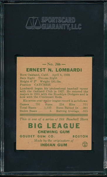 1938 Goudey Heads Up #246 Ernie Lombardi, Black Ball, SGC 40