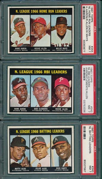 1967 Topps Lot of (3) Leaders W/ Aaron, Mays & Clemente PSA 7