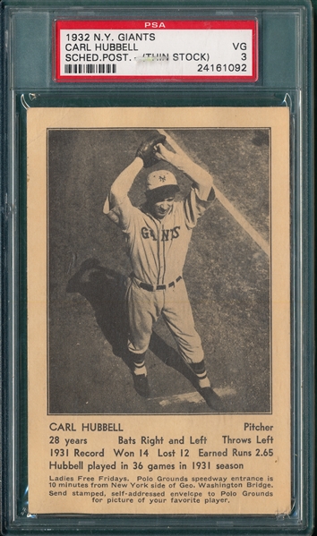 1932 NY Giants Schedule PC, Carl Hubbell PSA 3