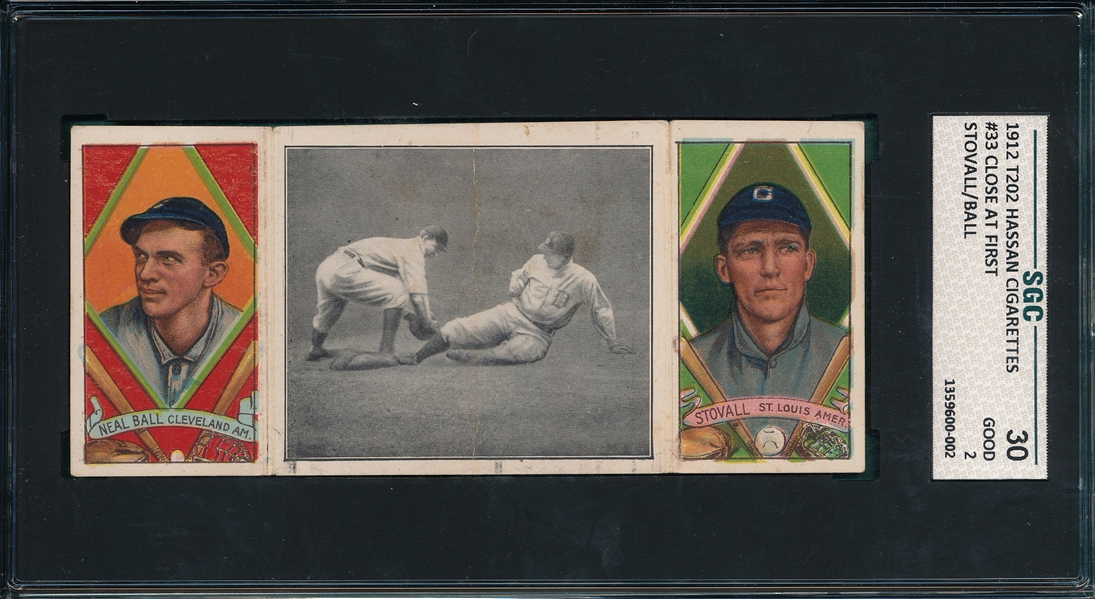 1912 T202 Close at First, W/ Ball/Stovall, Hassan Cigarettes SGC 30