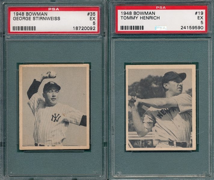 1948 Bowman #19 Henrich & #35 Stirnweiss, (2) Card Lot, PSA 5