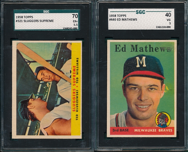 1958 Topps #321 Sluggers W/ T. Williams & #440 Ed Mathews, (2) Card Lot SGC 