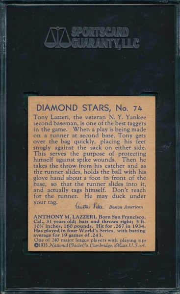 1934-36 Diamond Stars #74 Tony Lazzeri SGC 84