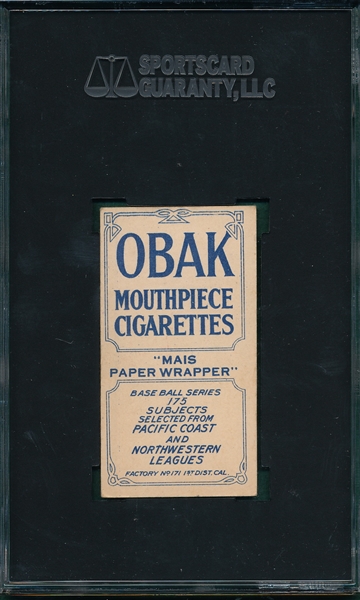 1910 T212-2 Fisher, Vernon, Obak Cigarettes SGC 50