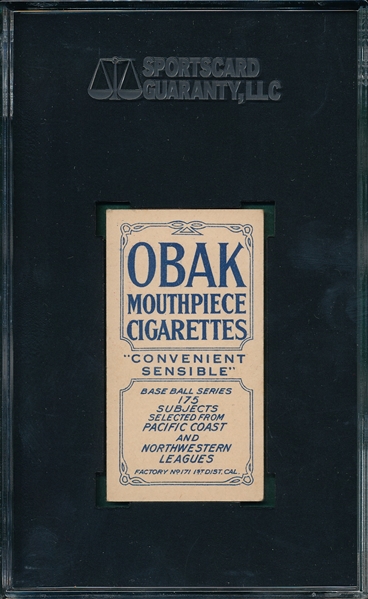 1910 T212-2 Brown (Vancouver) Obak Cigarettes SGC 60 *Highest SGC, Only One Higher*