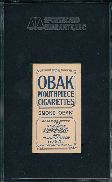 1910 T212-2 Hall, Tacoma, Obak Cigarettes SGC 60 *Only One Graded Higher*