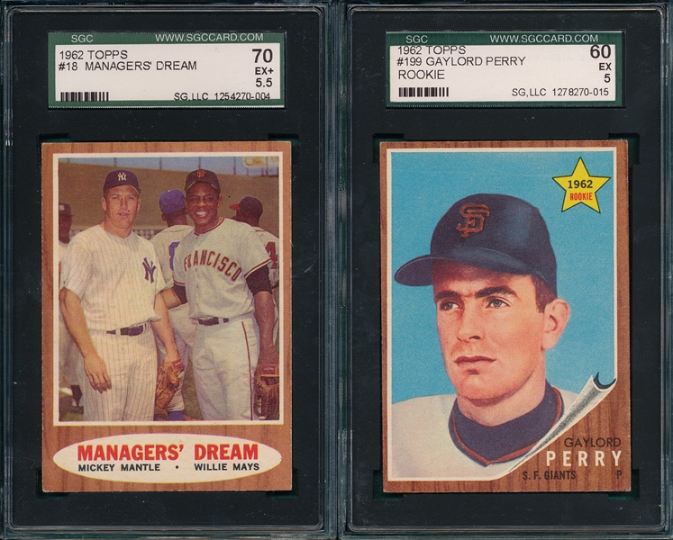 1962 Topps #18 Manager's Dream W/ Mantle & Mays & #199 Gaylord Perry, Rookie, Lot of (2) SGC