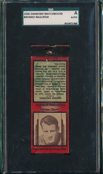1936 Diamond Matchbooks Bronko Nagurski SGC Authentic