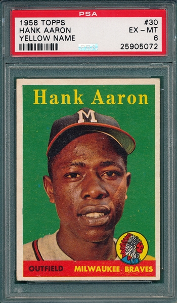 1958 Topps #30 Hank Aaron, Yellow, PSA 6