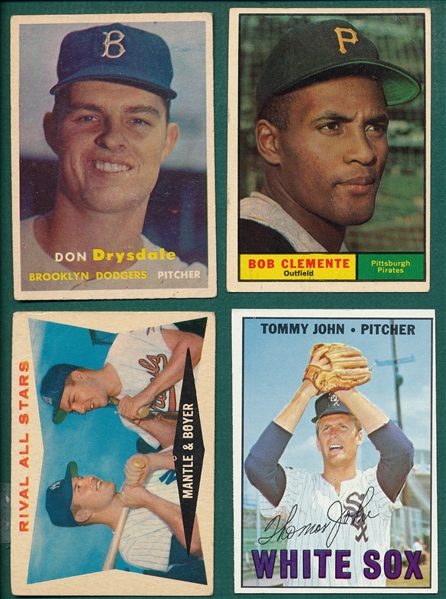 1957-67 Topps Lot of (4) W/ Mantle, Clemente & Drysdale, Rookie