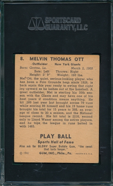 1941 Play Ball #8 Mel Ott SGC 50