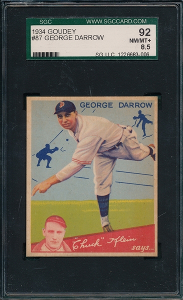 1934 Goudey #87 George Darrow SGC 92 *Hi #*