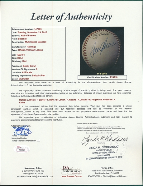Signed Official American League Baseball W/ (9) HOFers JSA Authentic
