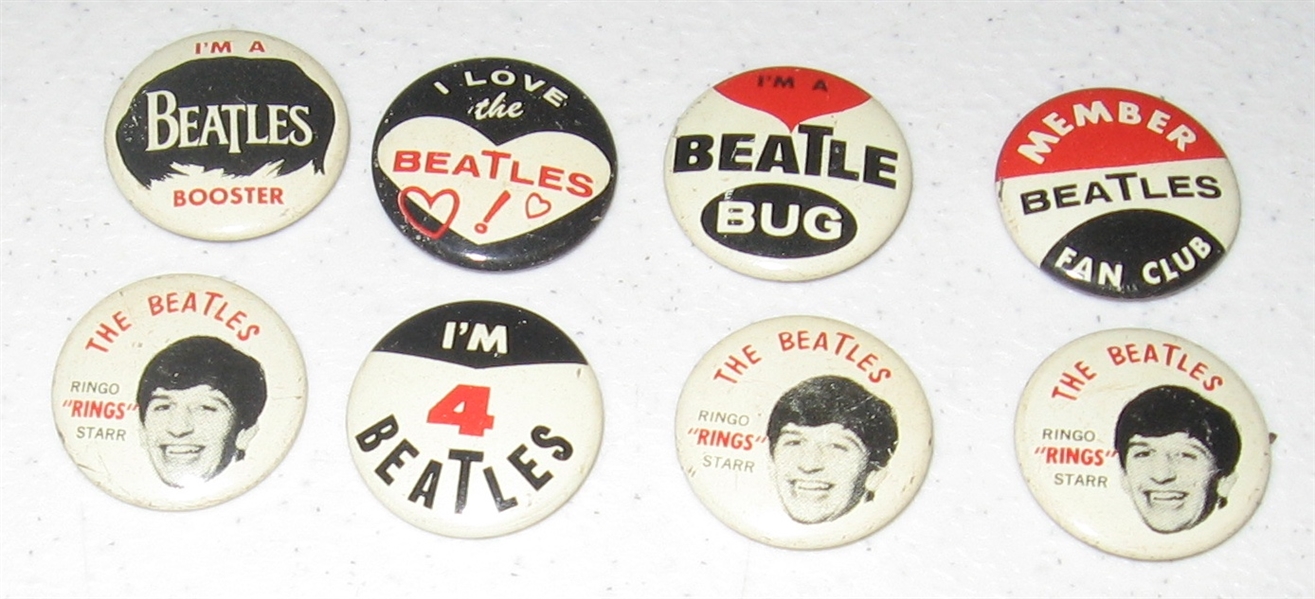 1964 Green Duck Co. Beatles Lot of Mini Button Pins (8) & Advertising Piece