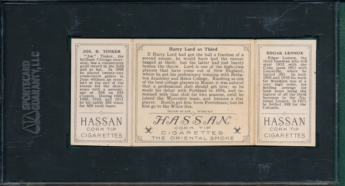 1912 T202 Harry Lord at Third, Lennox/Tinker Hassan Cigarettes SGC 60