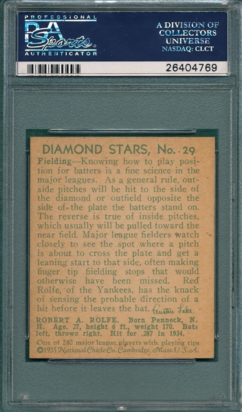 1934-36 Diamond Stars #29 Red Rolfe PSA 7