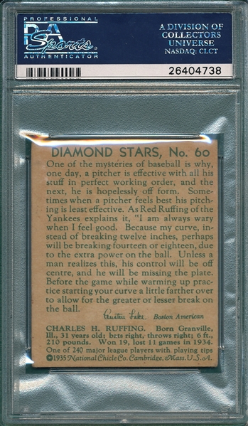 1934-36 Diamond Stars #60 Red Ruffing PSA 3