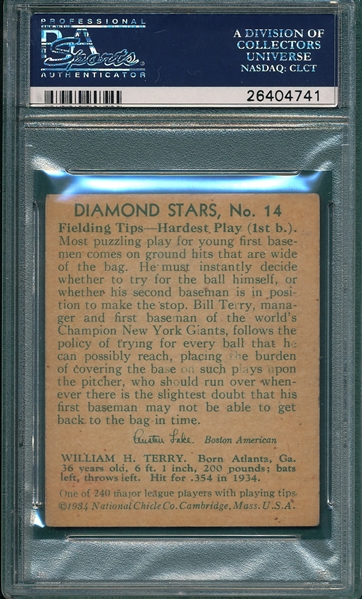 1934-36 Diamond Stars #14 Bill Terry PSA 4