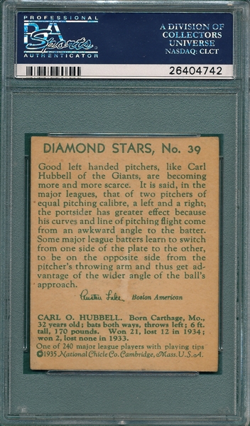 1934-36 Diamond Stars #39 Carl Hubbell PSA 4.5