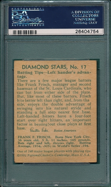 1934-36 Diamond Stars #17 Frankie Frisch PSA 4.5